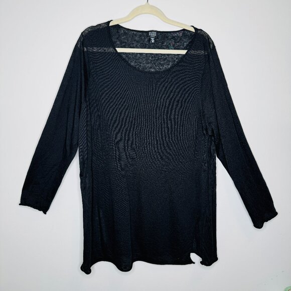 Eileen Fisher Black Italian Yarn Long Sheer Top Womens Plus 2X Linen Nylon Scoop - Picture 2 of 9